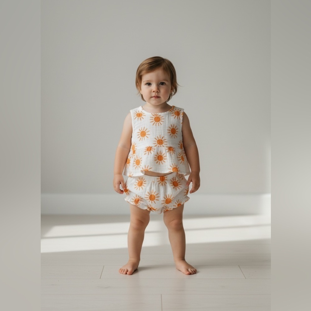 Baby girl muslin fabric 3-6 Mo set shorts/sleeveless dress whiteorange daisy/sun
